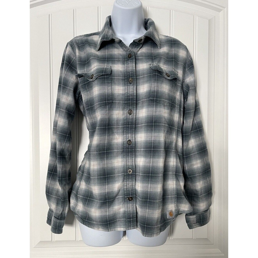 Carhartt Polo Button Up Shirt Adult Womens Large 12/14 Green Plaid Collared